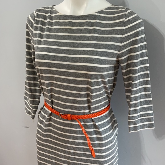 LC Lauren Conrad • 3/4 Sleeve Striped Dress Gray White Belted - Picture 2 of 9